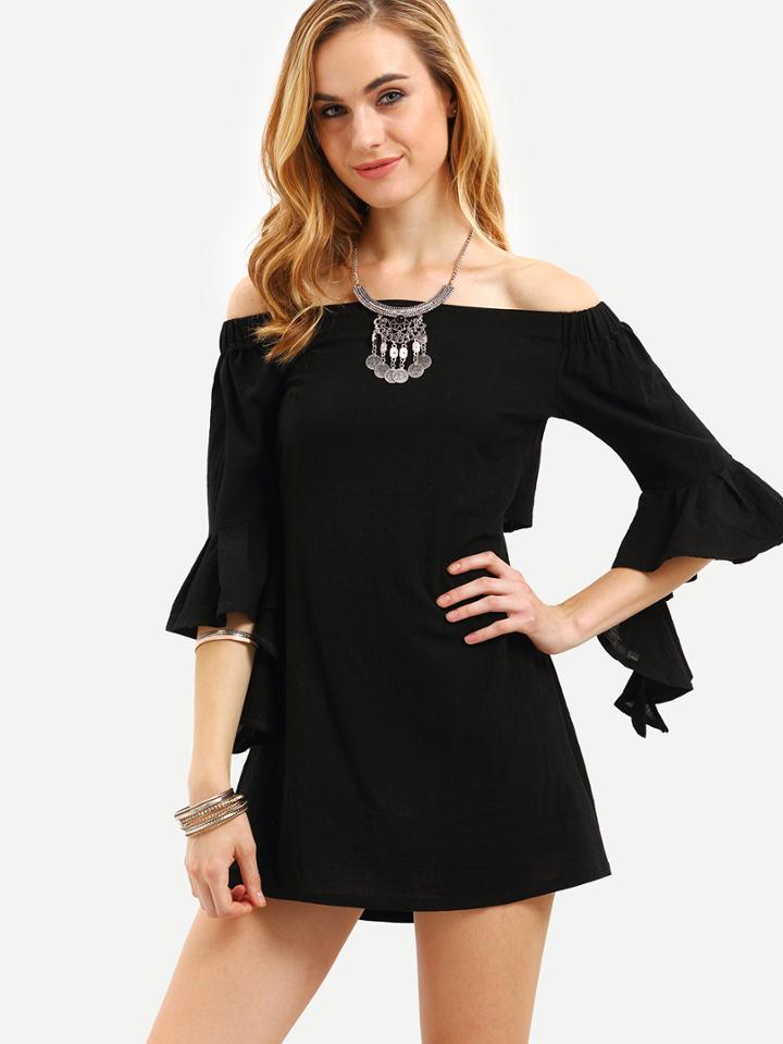 Shein Off-the-shoulder Ruffle Sleeve Dress - Black