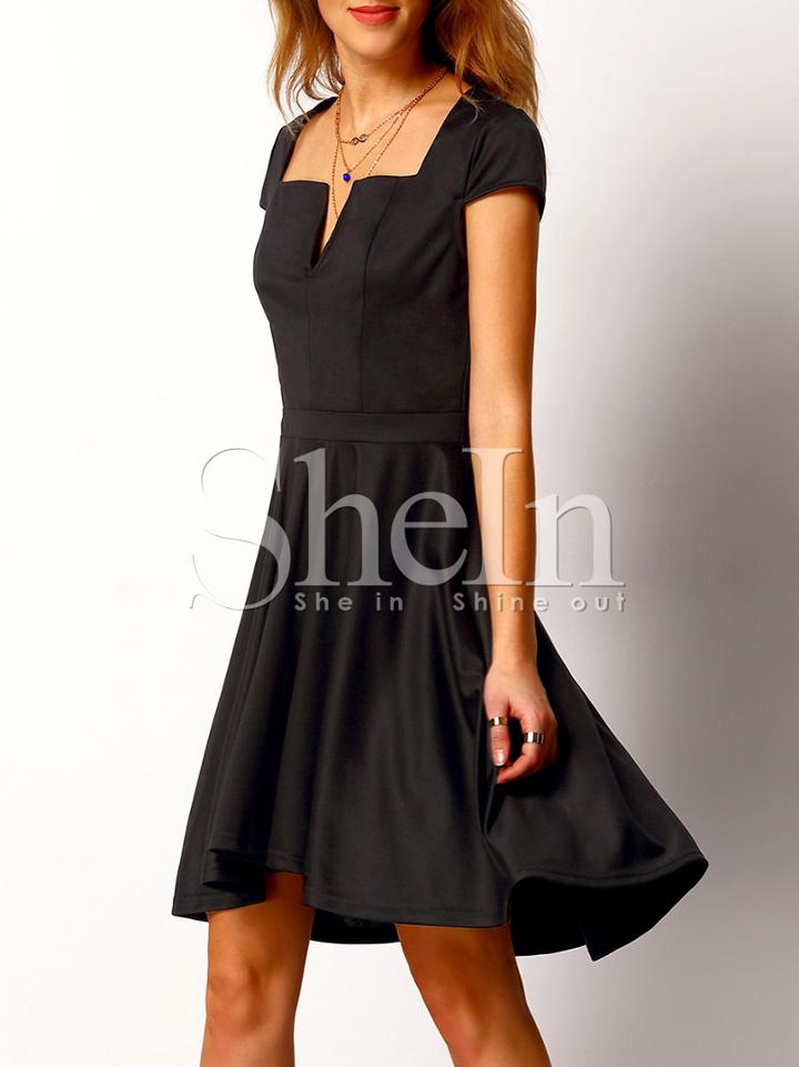 Shein Black Square Neck Pleated Dress