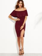 Shein Burgundy Ruffle Off The Shoulder Slit Dress