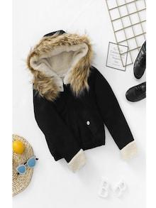 Shein Girls Elastic Hem Faux Fur Pocket Jacket