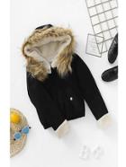 Shein Girls Elastic Hem Faux Fur Pocket Jacket