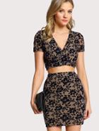 Shein Cross Wrap Flocked Mesh Top & Skirt Co-ord