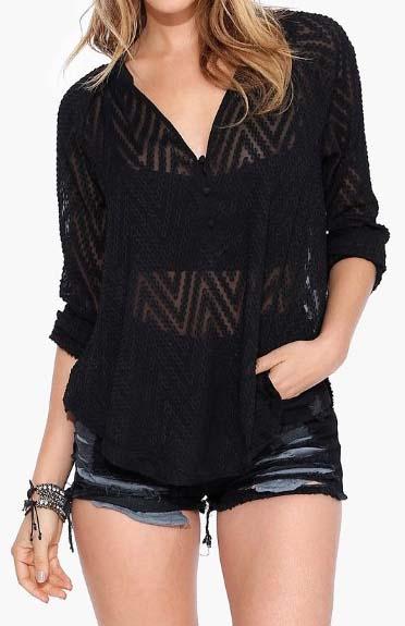 Shein Black V Neck Sheer Lace Loose Blouse