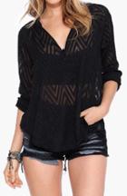 Shein Black V Neck Sheer Lace Loose Blouse