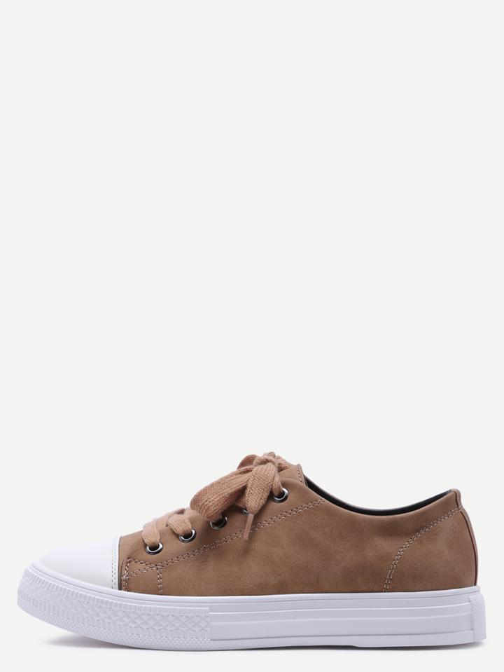 Shein Khaki Lace Up Pu Low Top Sneakers