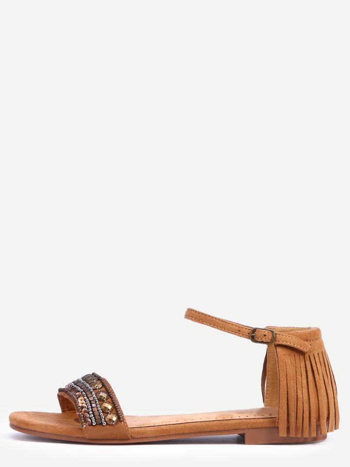 Shein Faux Suede Studded Fringe Ankle Strap Sandals - Camel