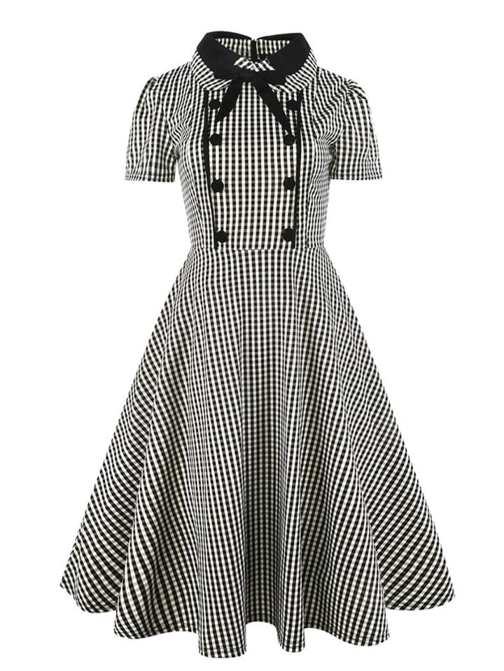 Shein Button Front Bow Tie Neck Gingham Shirt Dress