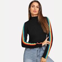 Shein High Neck Rainbow Striped Sleeve T-shirt