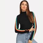 Shein High Neck Rainbow Striped Sleeve T-shirt