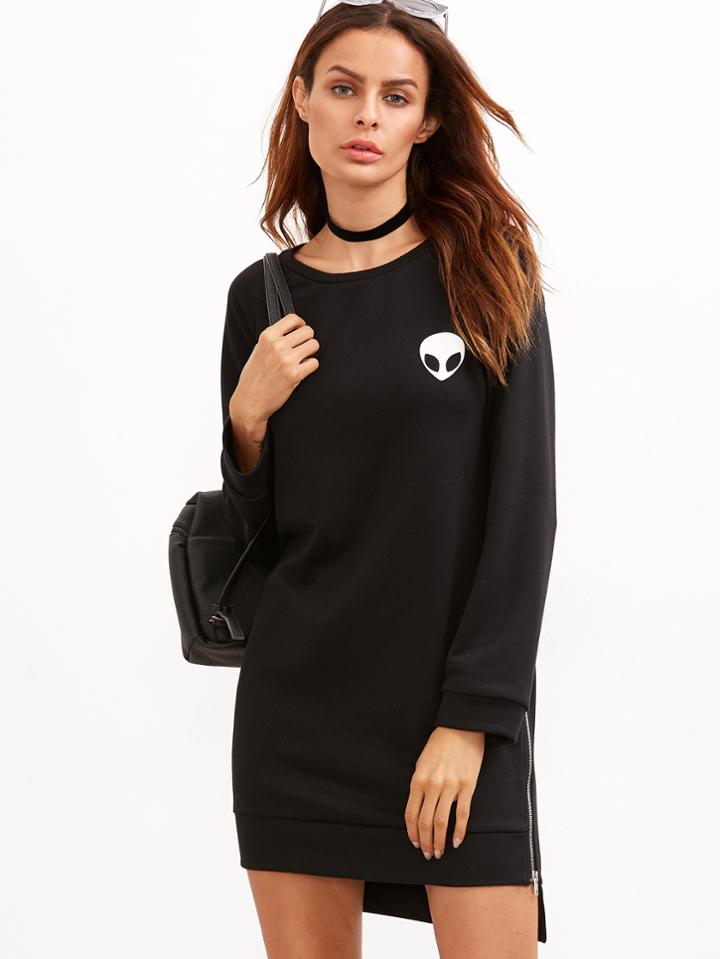 Shein Black Dip Hem Alien Print Zipper Sweatshirt Dress