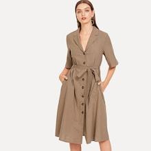Shein Self Belted Button Up Collar Shirt Dress