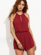 Shein Burgundy Halter Neck Eyelet Trim Split Front Romper