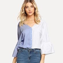 Shein Two-tone Bell Sleeve Stripe Blouse