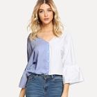 Shein Two-tone Bell Sleeve Stripe Blouse