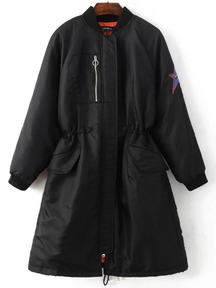 Shein Black Embroidery Drawstring Long Coat