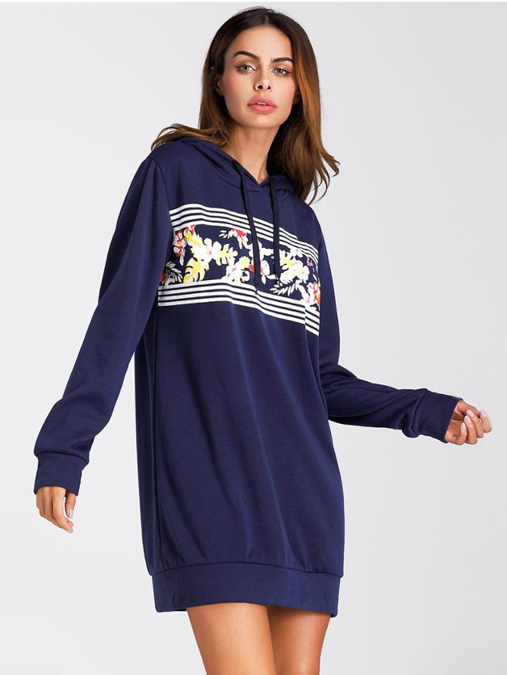 Shein Stripe Panel Florals Hoodie Dress