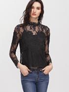 Shein Black Embroidered Flower Applique Sheer Lace Top With Cami