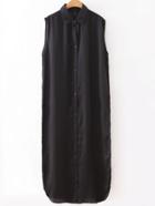 Shein Black Sleeveless Lapel Embroidery Shirt Dress