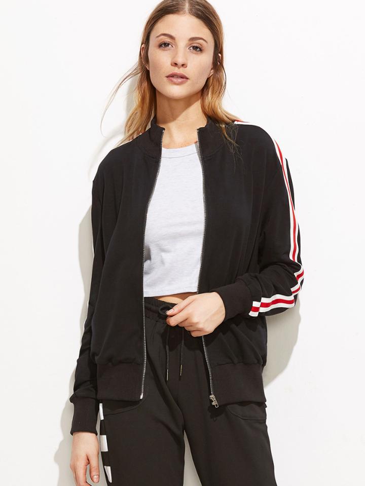 Shein Black Ribbed Trim Striped Sleeve Zip Up Bomber Jacket