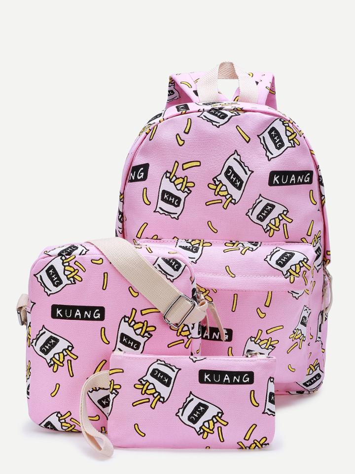 Shein French Fries Print Canvas Combination Bag 3pcs