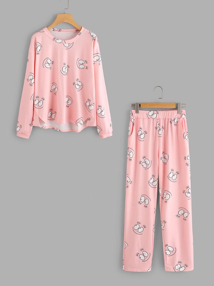 Shein Eye Print Dip Hem Top And Pants Pajama Set