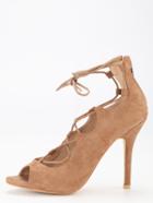 Shein Brown Faux Suede Lace Up Peep Toe Pumps