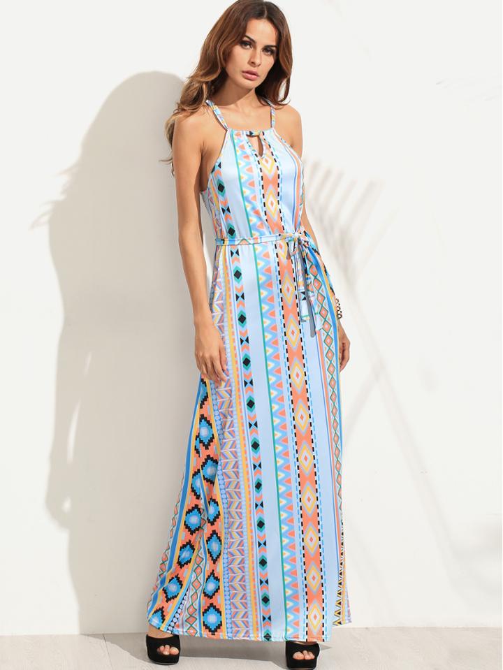 Shein Halter Geometric Print Cut Out Self Tie Dress