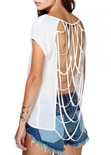Rosewe Charming Round Neck Short Sleeve White Hollowed Tees