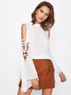 Shein Crisscross Open Shoulder Embroidered Fluted Sleeve Top