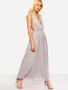 Shein Plunge Neck Tie-back Chiffon Dress - Grey