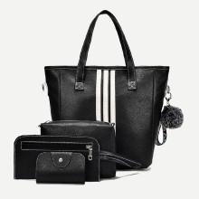 Shein Striped Detail Pom Pom Combination Bag 4pcs