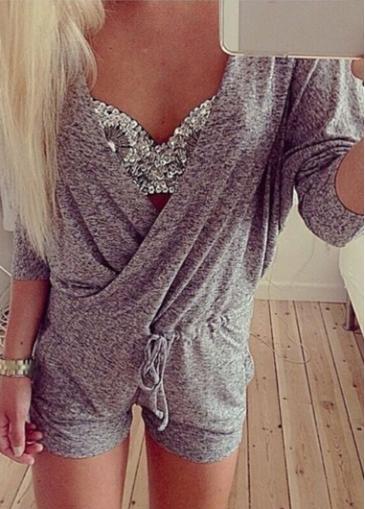 Rosewe Drawstring Design V Neck Grey Romper