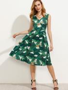 Shein Green Tropical Print Sleeveless A Line Dress