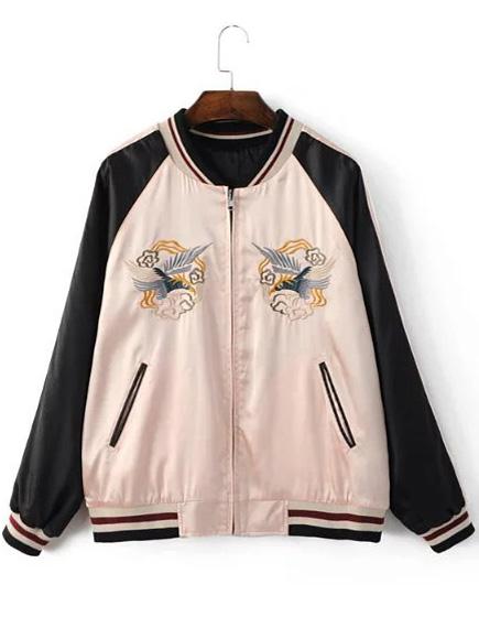 Shein Apricot Crew Neck Bird Embroidery Jacket
