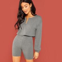 Shein V Cut Neck Crop Top And Leggings Shorts Set
