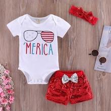 Shein Toddler Girls Letter Print Romper & Bow Detail Sequin Shorts & Headband