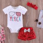 Shein Toddler Girls Letter Print Romper & Bow Detail Sequin Shorts & Headband