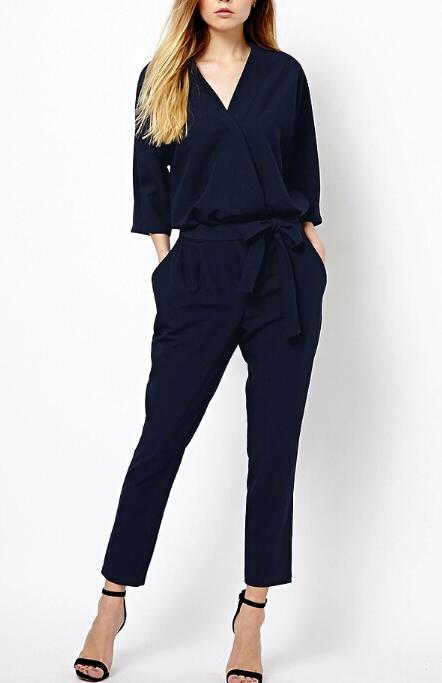 Shein Royal Blue V Neck Pockets Jumpsuit