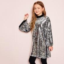 Shein Girls Mock-neck Trumpet Sleeve Sequin Dress