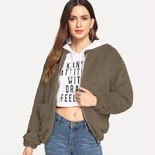 Shein Pocket Decoration Solid Teddy Jacket