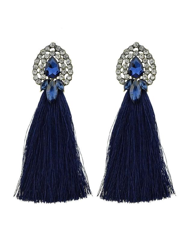 Shein Blue Bohemian Style Colorful Water Drop Crystal Tassel Long Dangle Earring