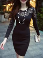 Shein Black Round Neck Long Sleeve Knit Contrast Gauze Dress
