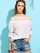 Shein White Pom Pom Detail Off The Shoulder Top