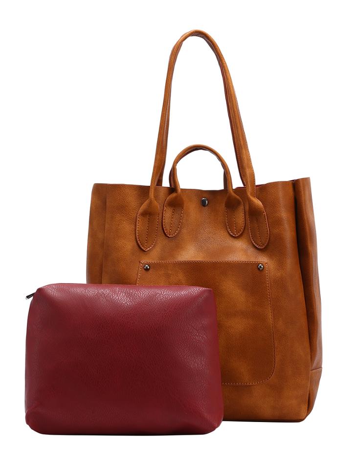 Shein Square Tote Bag With Contrast Inside Bag - Brown