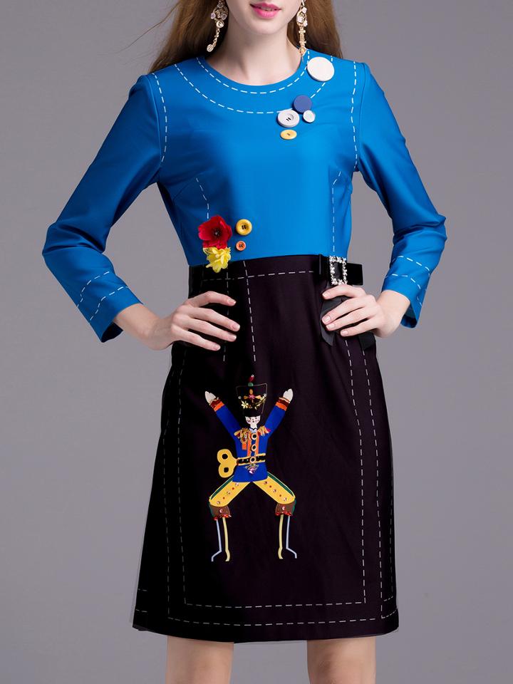 Shein Blue Contrast Black Flowers Applique Beading Dress