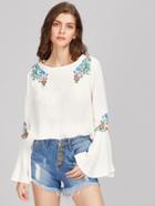 Shein Symmetric Embroidery Trumpet Sleeve Button Back Blouse