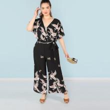Shein Plus Red-crowned Crane Print Surplice Wrap Top And Pants Set