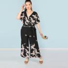 Shein Plus Red-crowned Crane Print Surplice Wrap Top And Pants Set