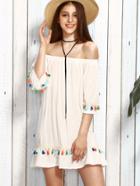 Shein White Tassel Trim Off The Shoulder Dress