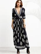 Shein Navy Print Deep V Neck Drawstring Wrap Dress